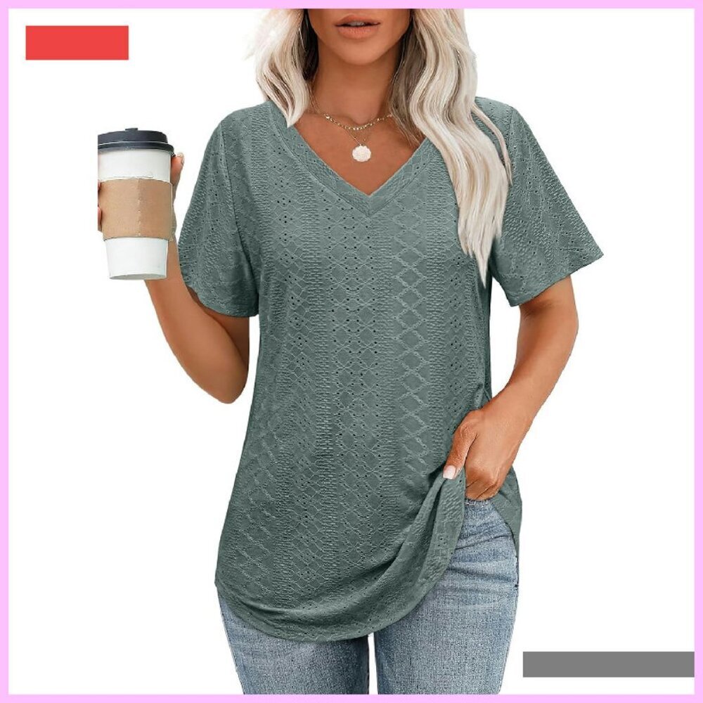 Women's V-Neck Short Sleeve Loose Fit T-Shirt with Curved Hem